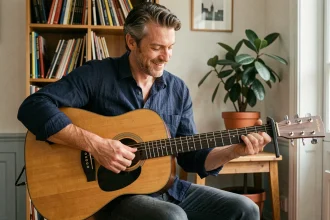 Guitariste français jouant une guitare acoustique Atlantic dans un appartement parisien chaleureux