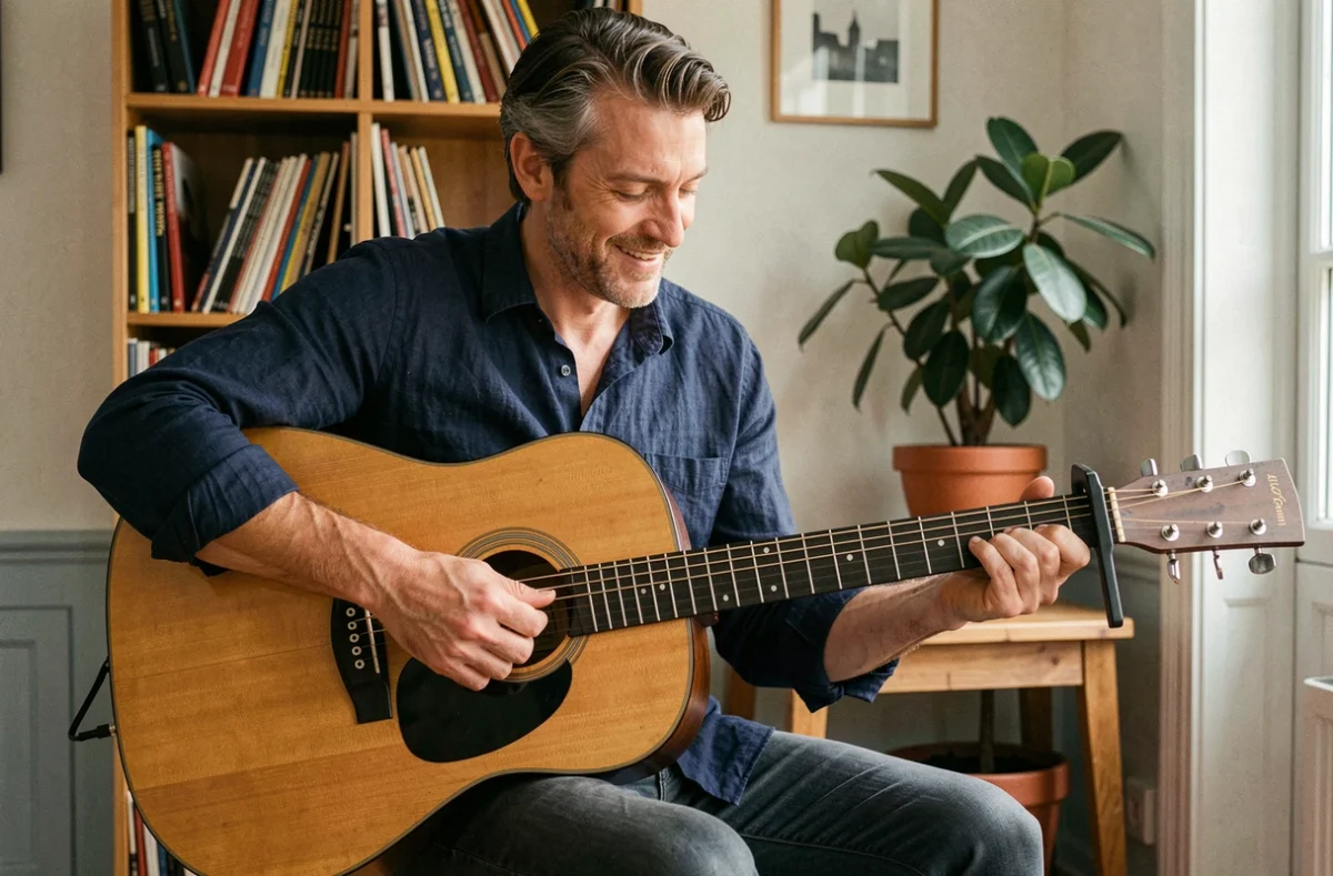 Guitariste français jouant une guitare acoustique Atlantic dans un appartement parisien chaleureux