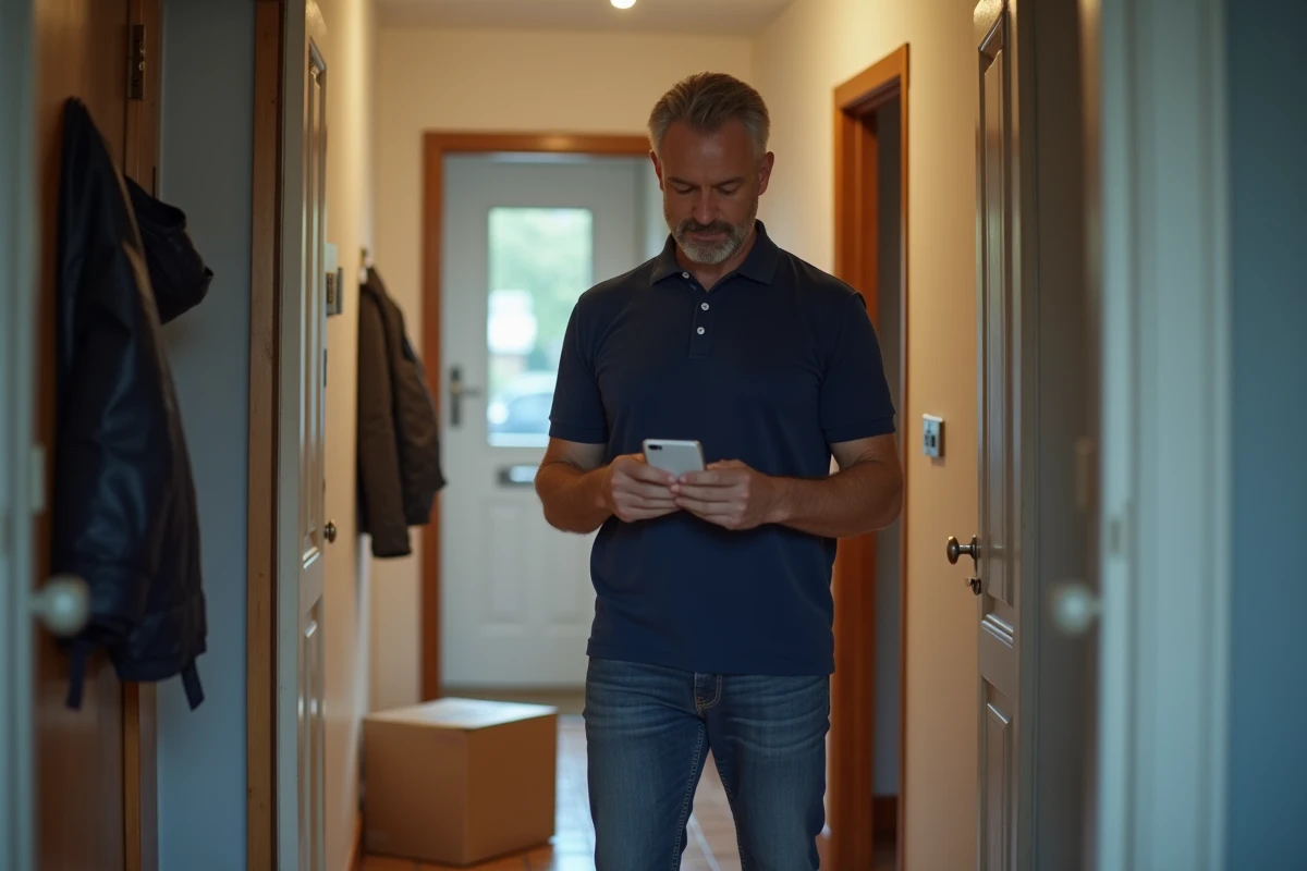 Homme consultant une application de suivi de colis sur son smartphone devant sa porte d'entrée