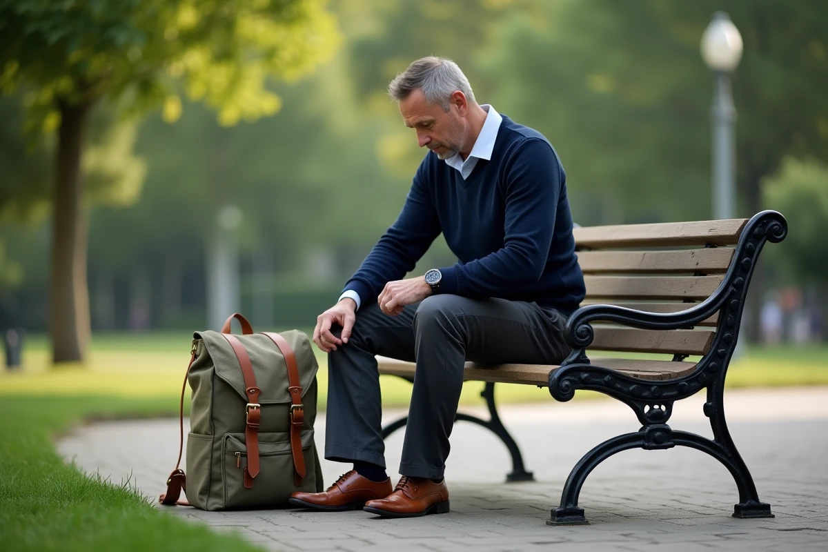 Homme assis sur un banc de parc nettoyant ses chaussures