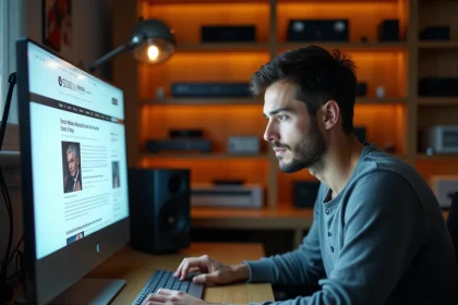 Homme consultant un blog audio-vidéo sur son ordinateur dans un bureau home cinéma