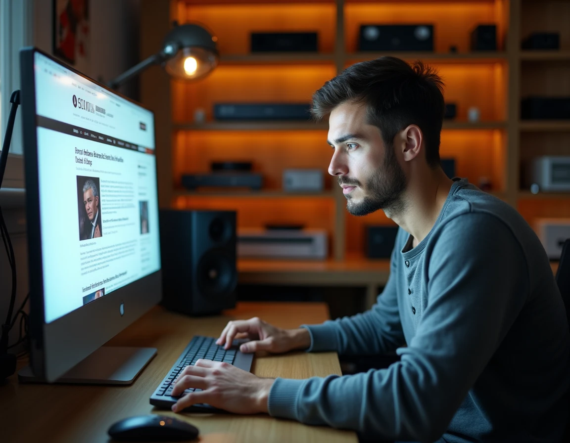 Homme consultant un blog audio-vidéo sur son ordinateur dans un bureau home cinéma