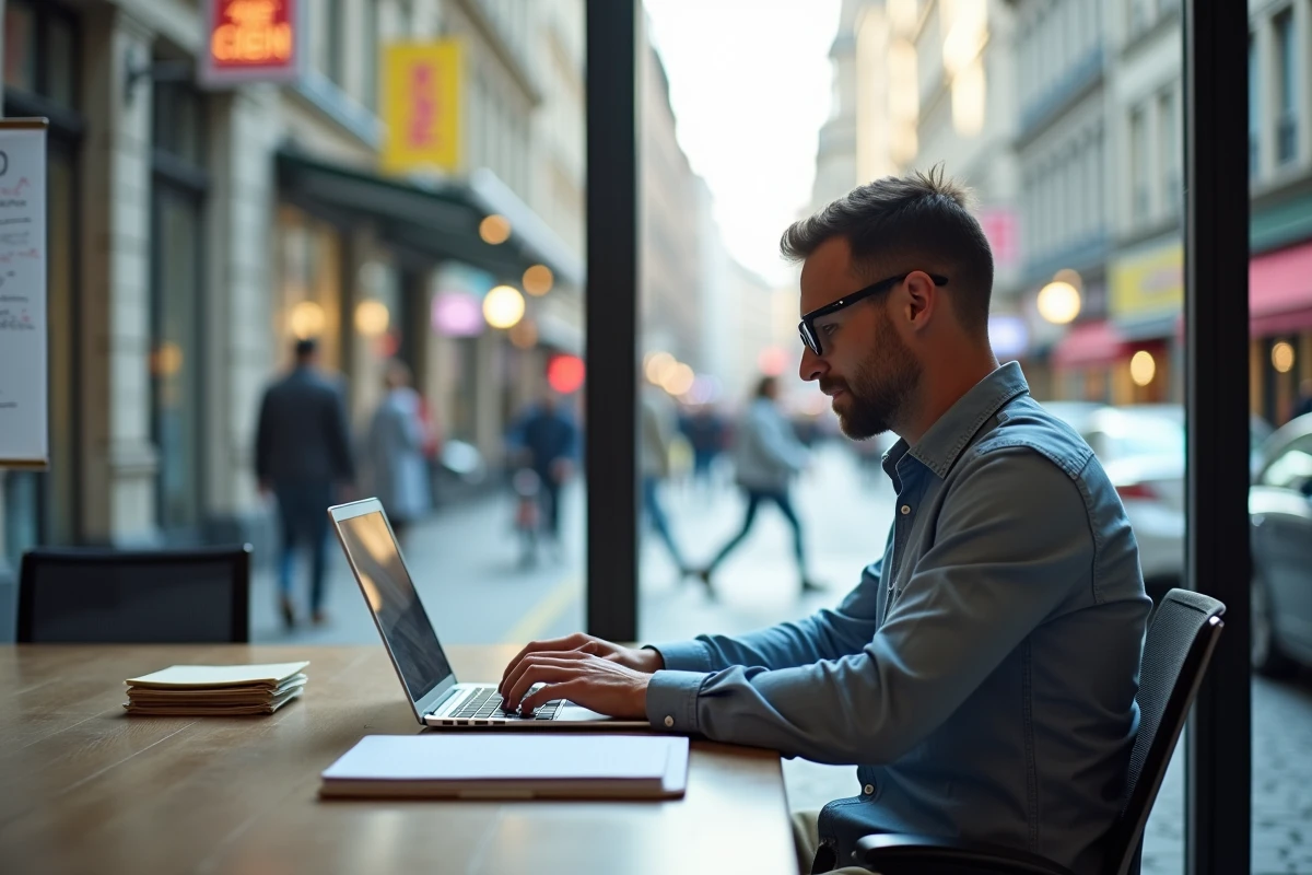 Homme en coworking urbain travaillant sur son ordinateur portable