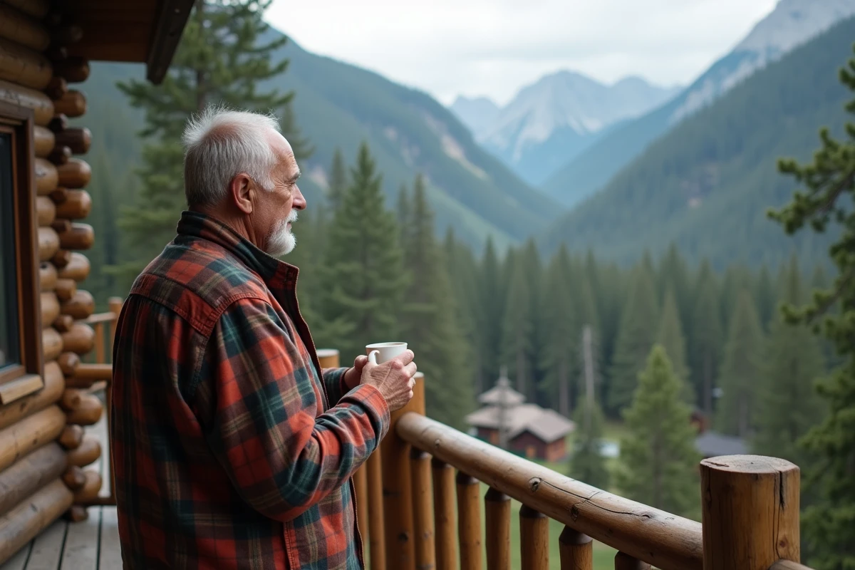 Homme en extérieur regardant la vallée depuis une cabane en montagne