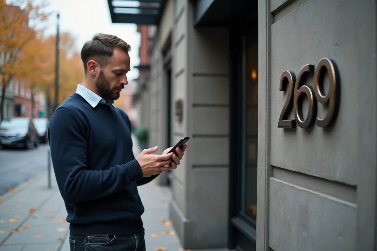 Homme devant un immeuble numéroté 269 cherchant des informations sur le propriétaire d'une adresse via son téléphone