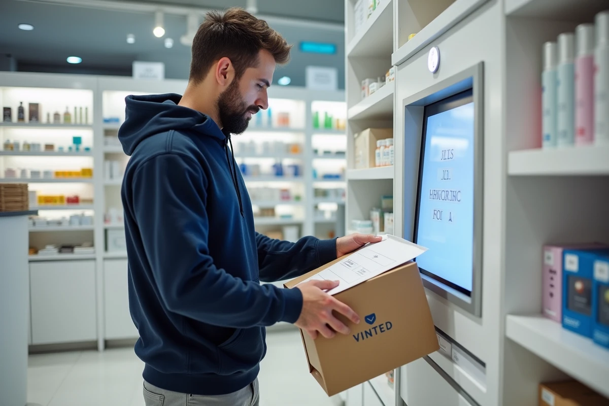 Homme comparant une enveloppe poly avec un guide des dimensions casier Vinted Go dans une pharmacie française