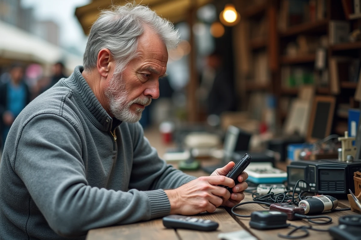 Homme examinant un ancien Nokia 3310 sur un marché aux puces de téléphones vintage