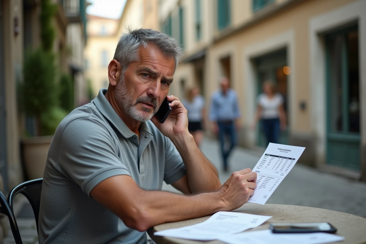 Homme en terrasse de café consultant une facture téléphonique avec des surcoûts liés aux appels vers La Réunion