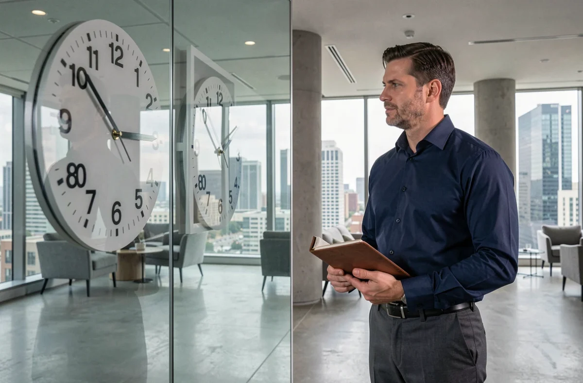 Homme en costume regardant un panneau d'horloges AM PM dans un hall d'entreprise moderne