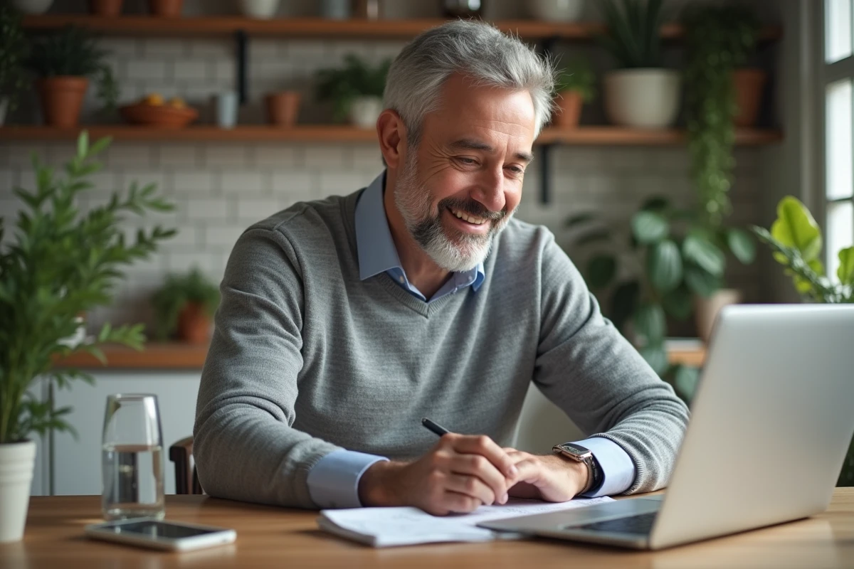 Homme souriant analysant des graphiques d