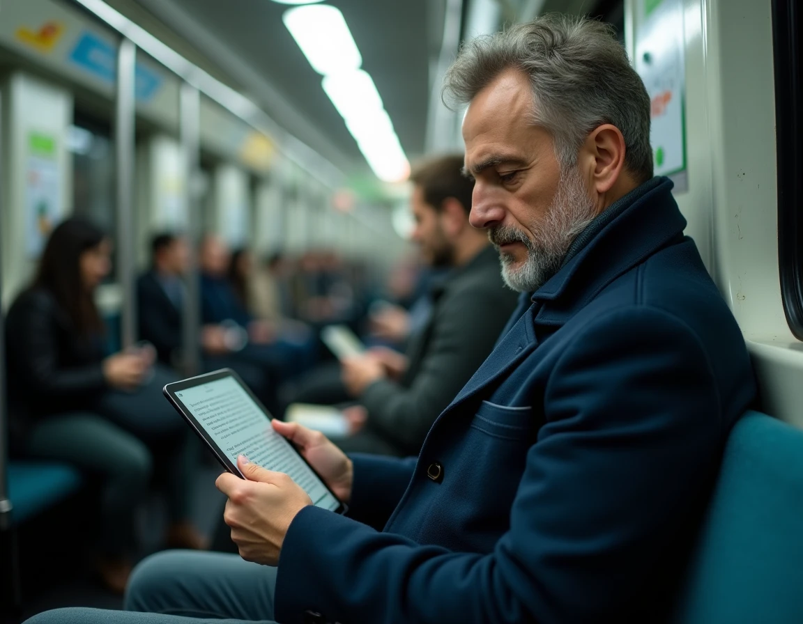 Homme lisant un ebook sur une tablette dans le métro lors de son trajet quotidien