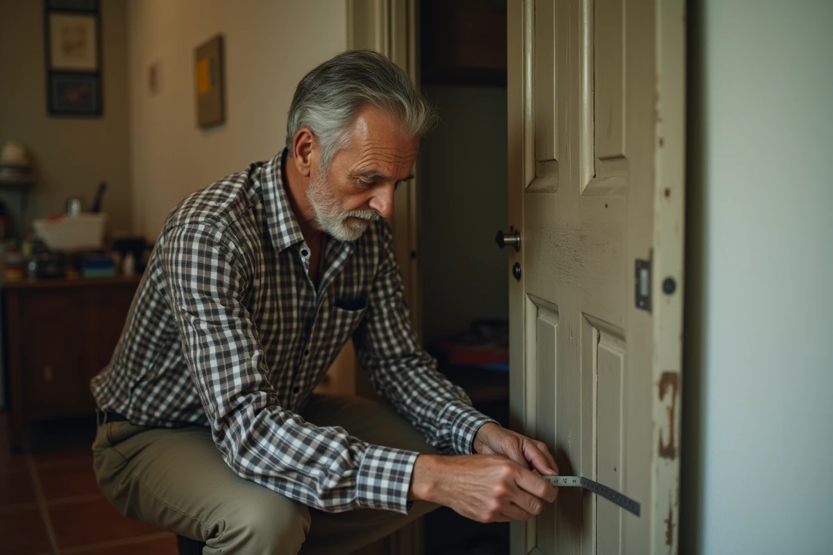Homme âgé mesurant un petit placard avec un mètre ruban