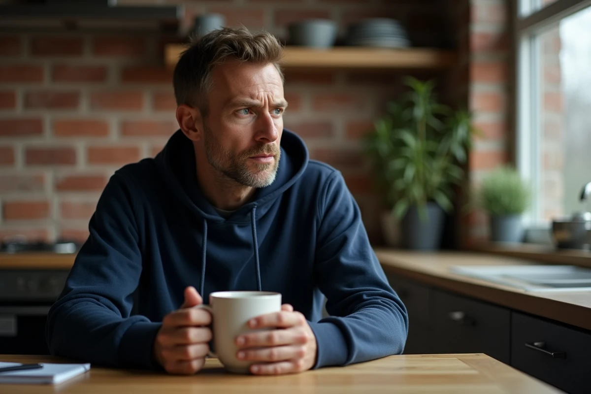 Homme pensif le matin à la table de cuisine tenant un café, regard perdu dans ses pensées après un mauvais rêve