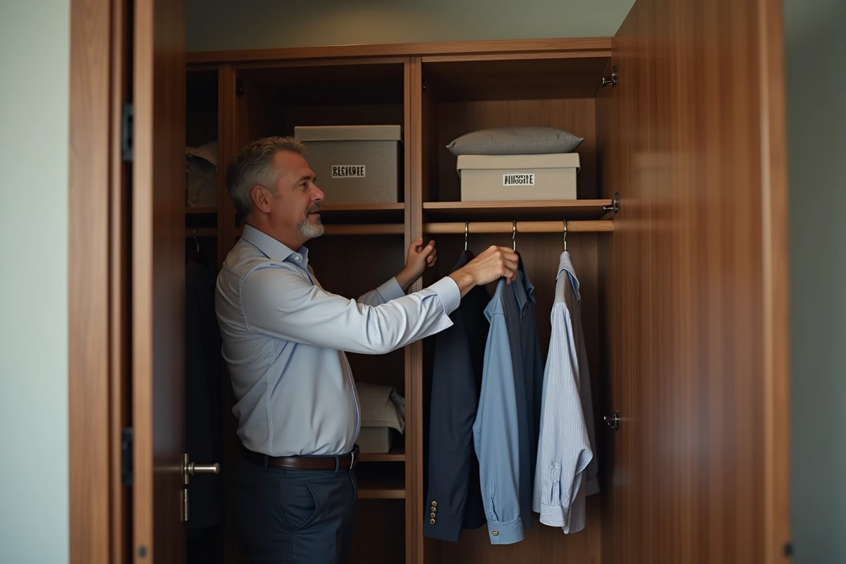 Homme rangeant des vêtements dans une armoire compacte