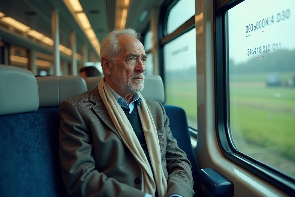 Homme âgé dans un train maglev regardant les infos numériques