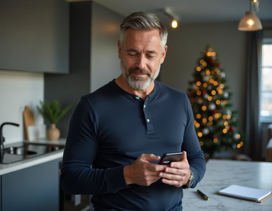 Homme consultant des offres Cyber Monday sur son smartphone dans une cuisine moderne avec sapin de Noël en arrière-plan