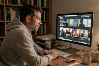 Homme regardant un site de streaming de films sur son ordinateur avec une expression hésitante