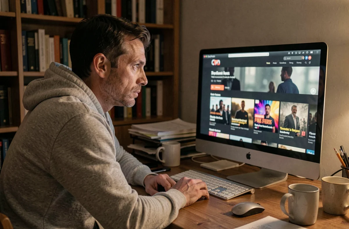 Homme regardant un site de streaming de films sur son ordinateur avec une expression hésitante