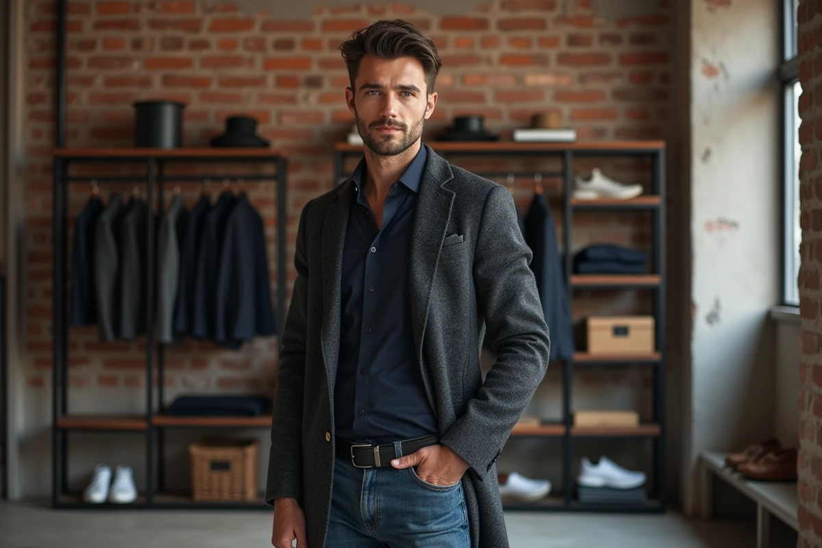 Homme en manteau dans un loft moderne et épuré