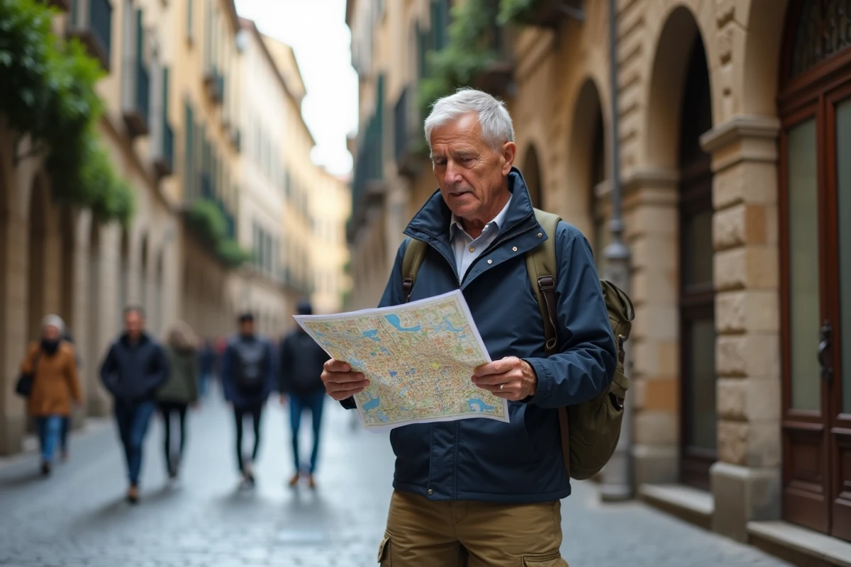 Homme étudiant une carte en ville historique