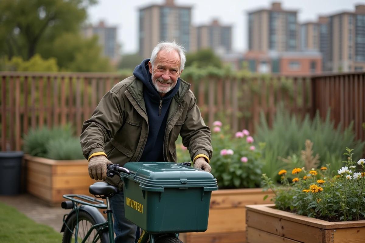 Homme âgé décharge des contenants plastiques dans un jardin