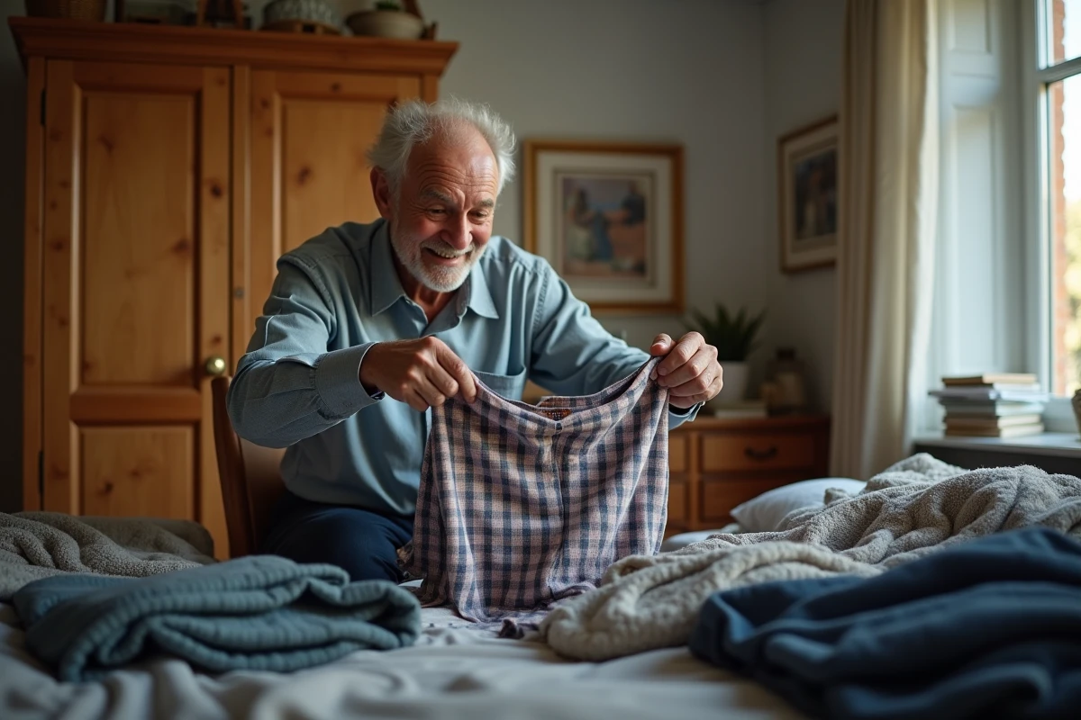 Homme vérifiant l étiquette d un vêtement dans une chambre ensoleillée