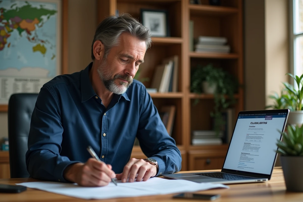 Homme vérifiant des documents et un site d'annonces en ligne pour éviter une arnaque au paiement