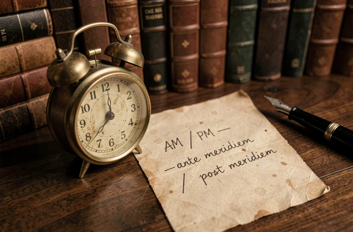 Réveil vintage posé sur un bureau en bois avec une note manuscrite expliquant la signification de AM et PM