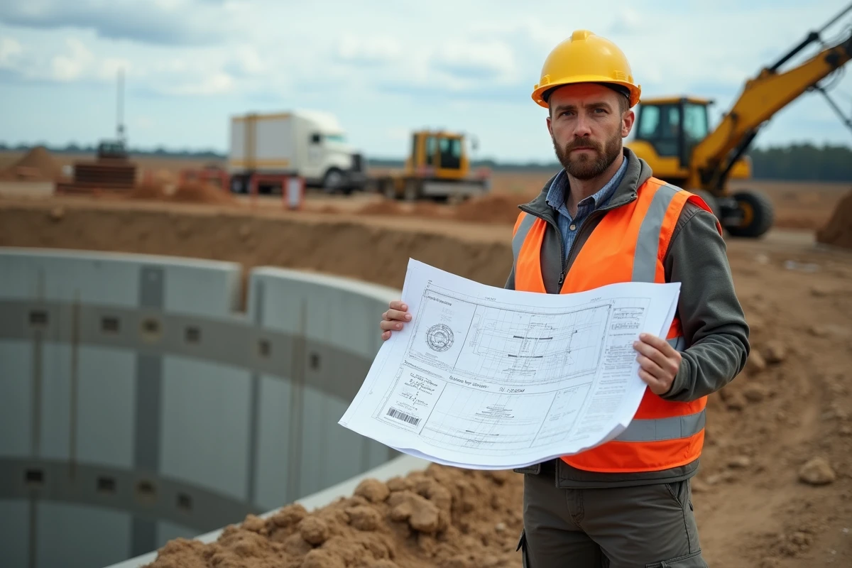 Ingénieur civil sur un chantier consultant des calculs de volume en mètres cubes devant un bassin de rétention d'eau
