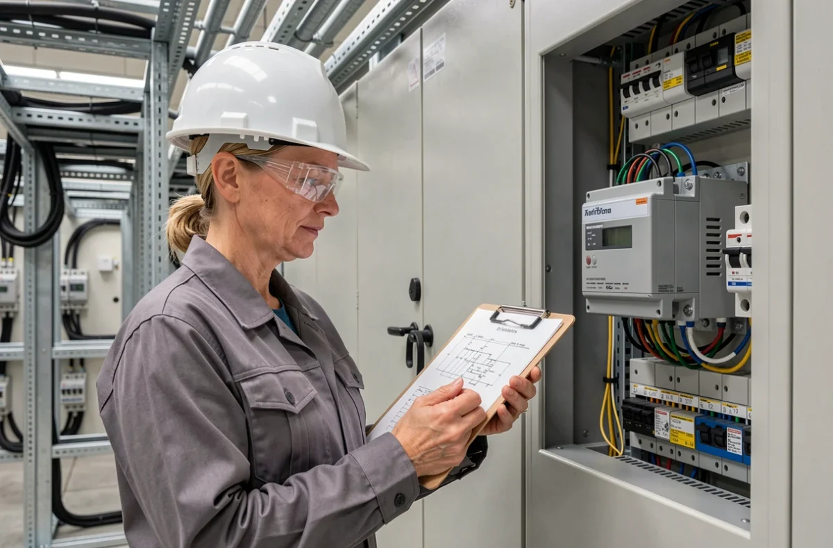 Ingénieure électricienne consultant un schéma de câblage devant un tableau avec transformateur triphasé monophasé