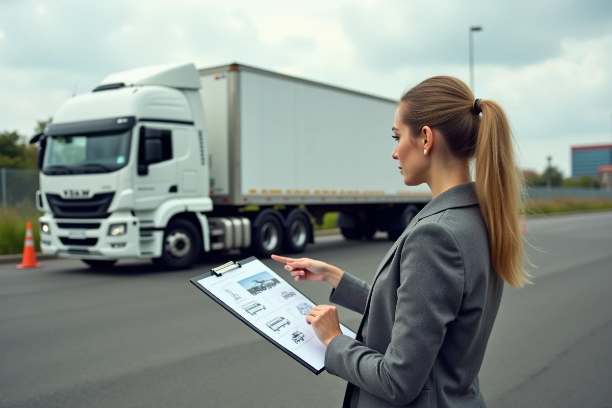 Jeune femme instructrice pointant diagramme de véhicules