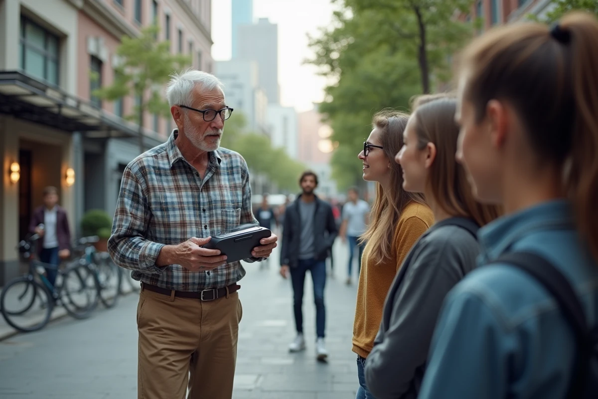 Inventeur âgé montrant un gadget écologique à un groupe en ville