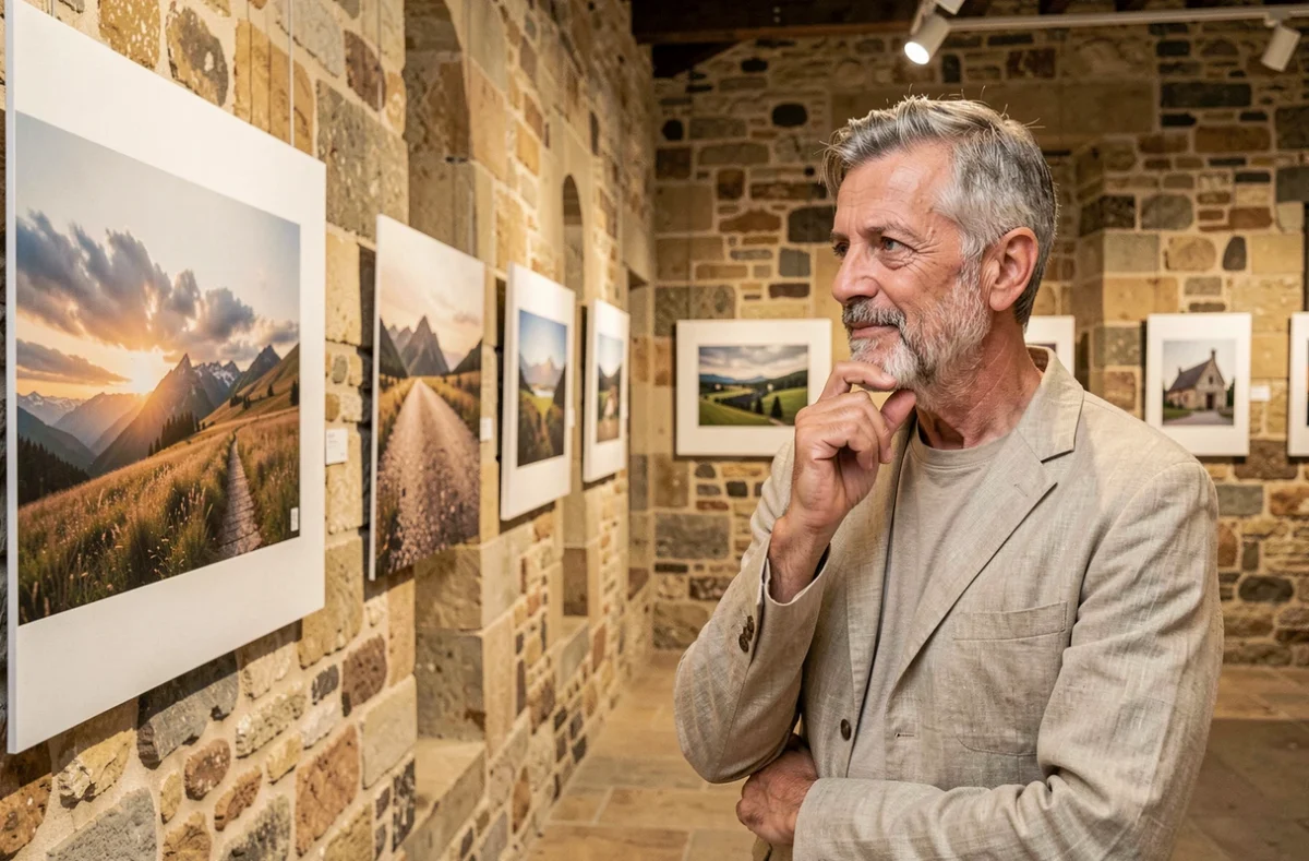Jérôme Gourdon photographe devant ses tirages grand format exposés dans une galerie en pierre caractéristique de la Mayenne