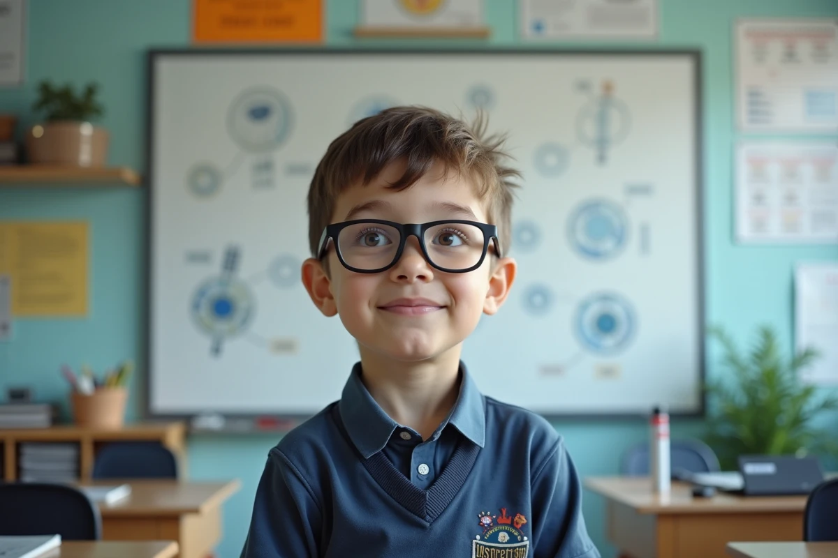 Jeune garçon en classe devant un tableau avec satellites et eau