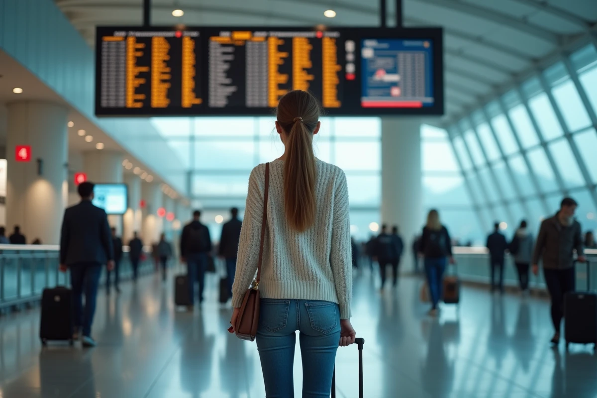 Jeune femme regarde le tableau des départs à l