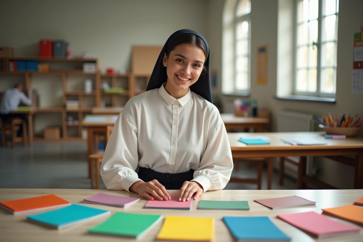 Jeune femme juive dans un atelier d art trie des papiers colorés