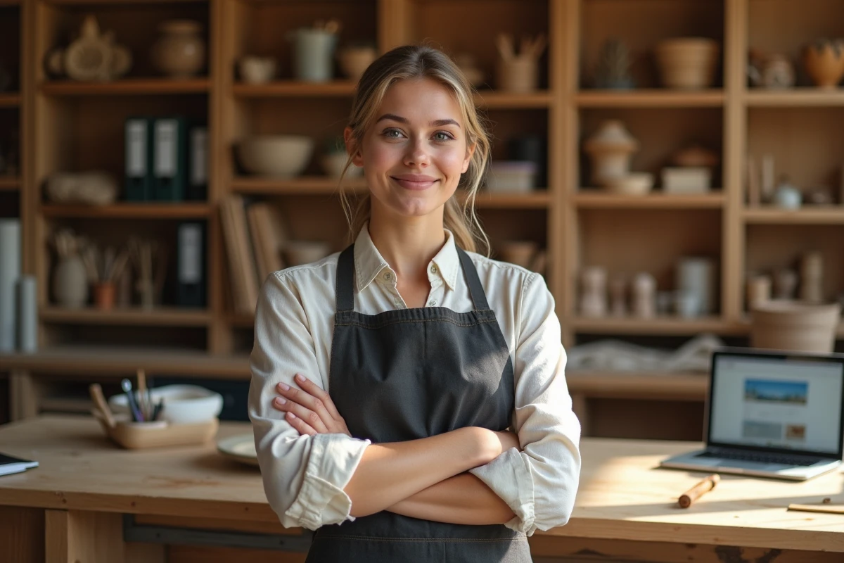 Jeune femme artisan dans son atelier en bois en pleine création