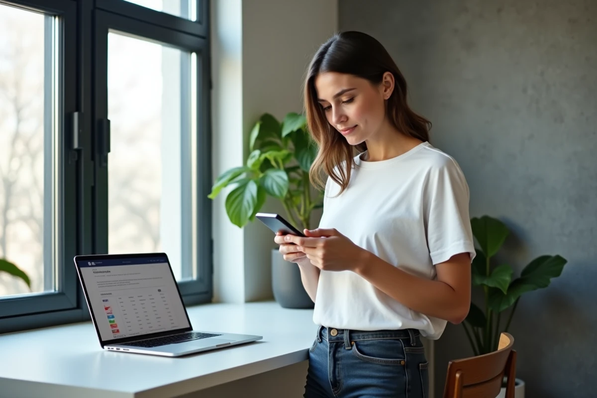 Jeune femme dans un appartement moderne comparant les indicatifs téléphoniques 0262 et +262 sur son smartphone et son ordinateur