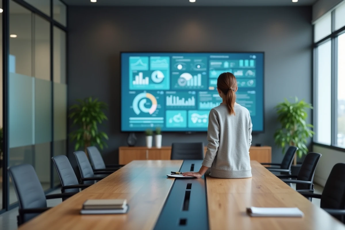 Femme examinant des diagrammes numériques dans une salle de réunion moderne