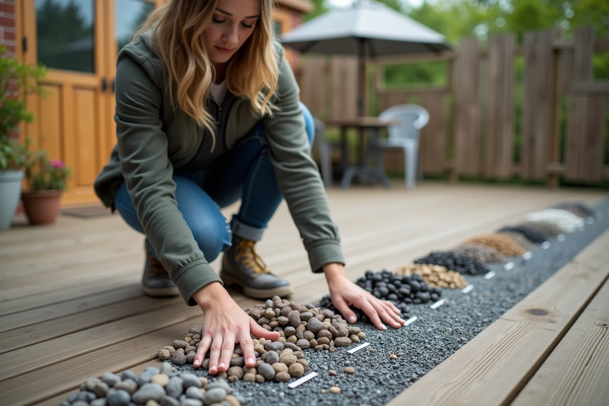 Jeune femme sifting des gravier de toiture sur une terrasse en extérieur
