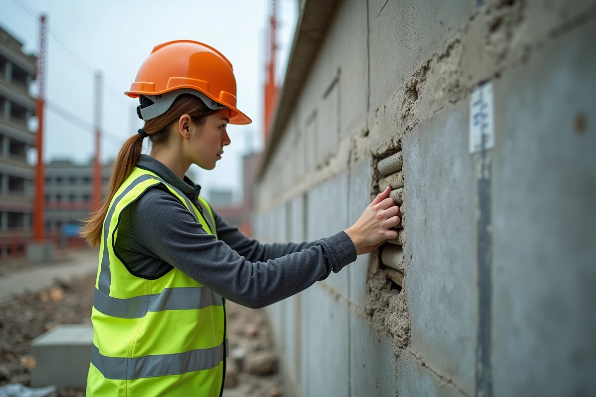 Ingénieure appliquant des bandes de fibre de carbone sur un mur