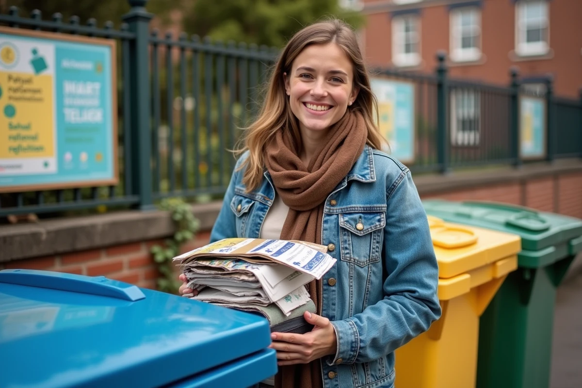 Jeune femme avec bacs de recyclage en milieu urbain
