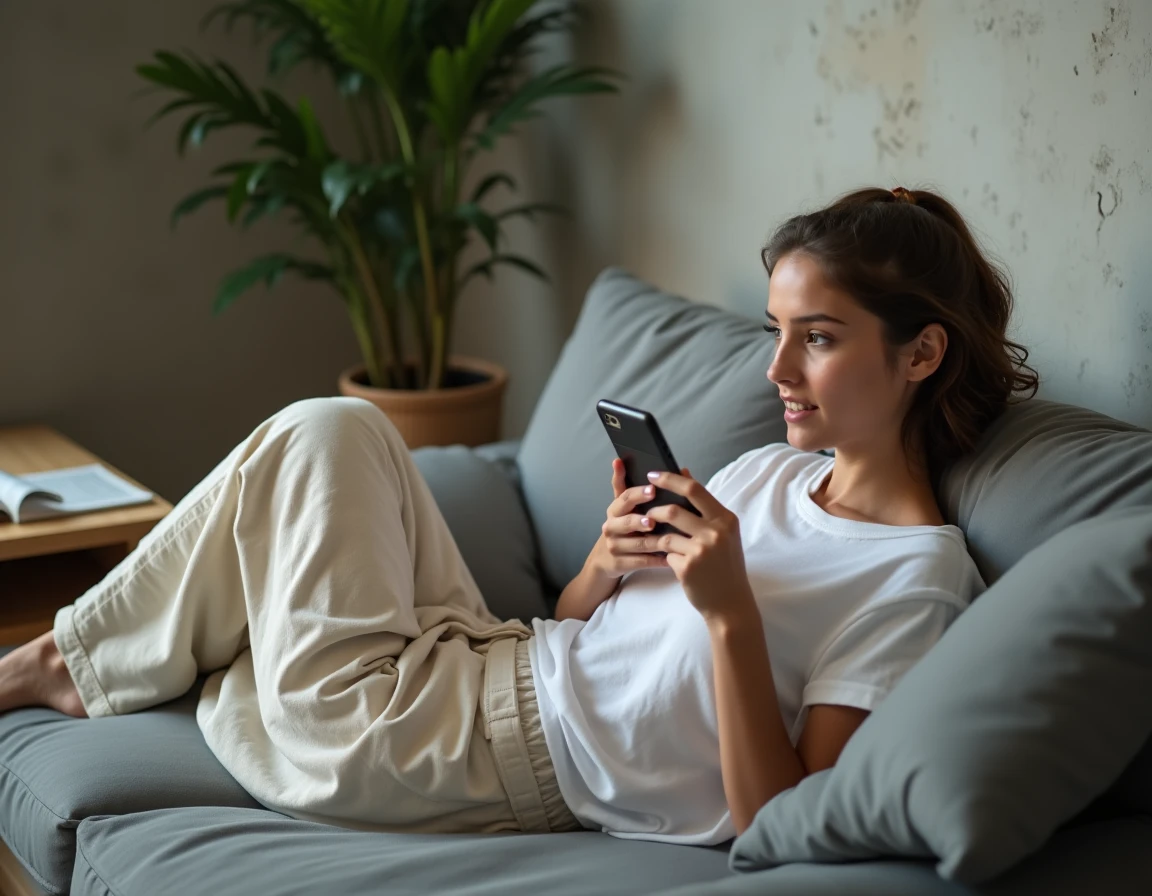 Jeune femme allongée sur un canapé téléchargeant un ebook sur son smartphone dans un appartement moderne