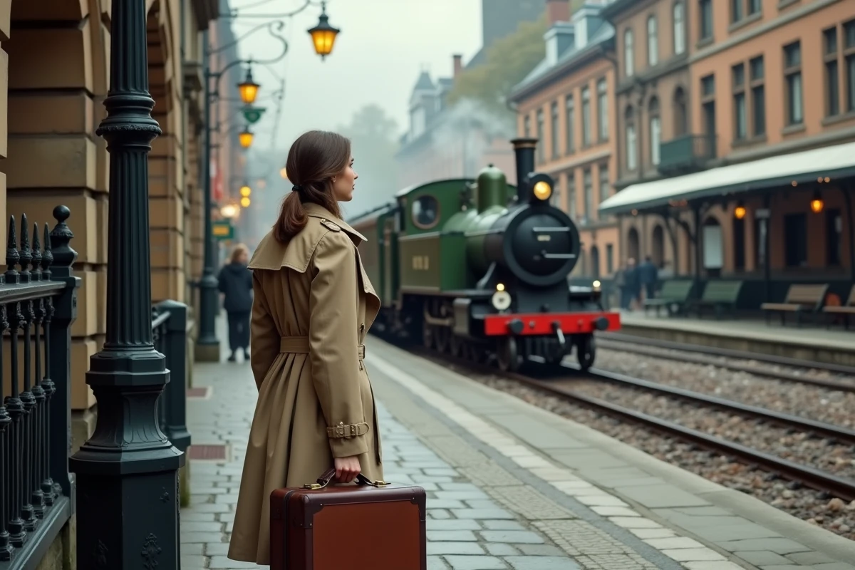 Jeune femme en trench attendant au station de train