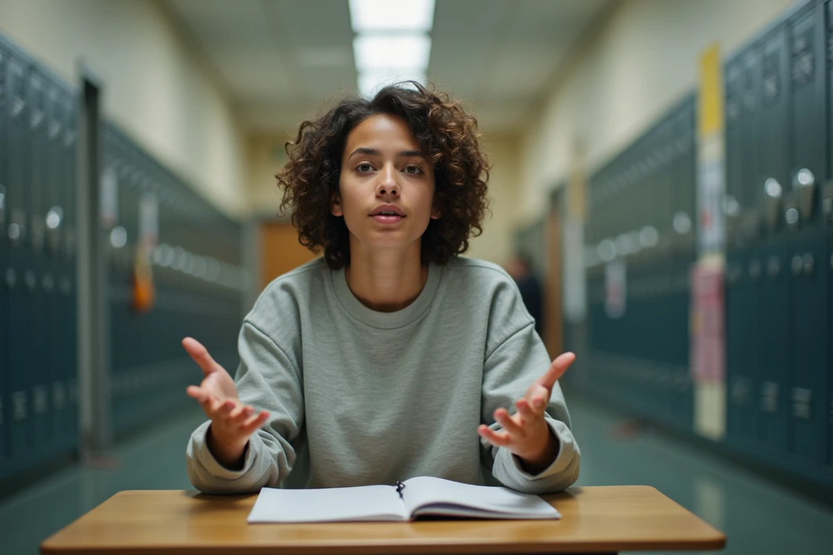 Jeune femme assise dans un couloir scolaire en pleine explication