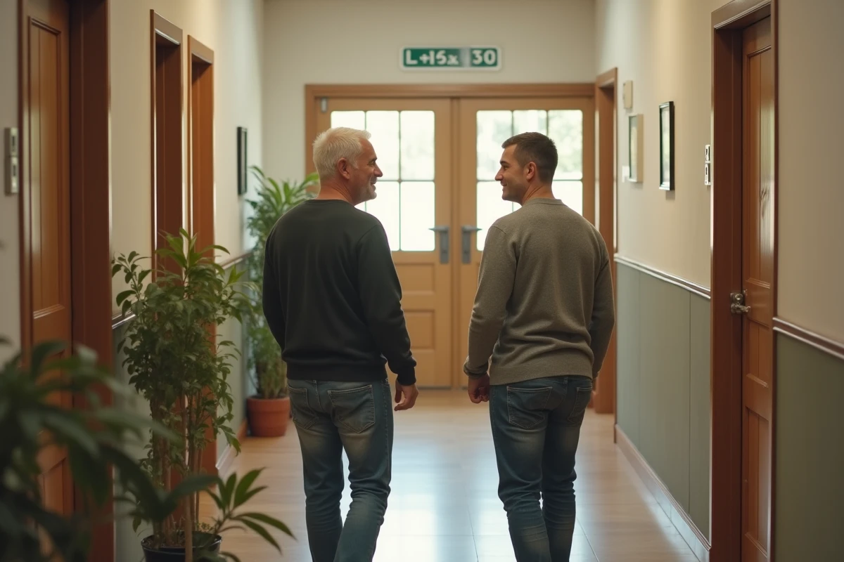 Jeune homme discutant dans un hall d