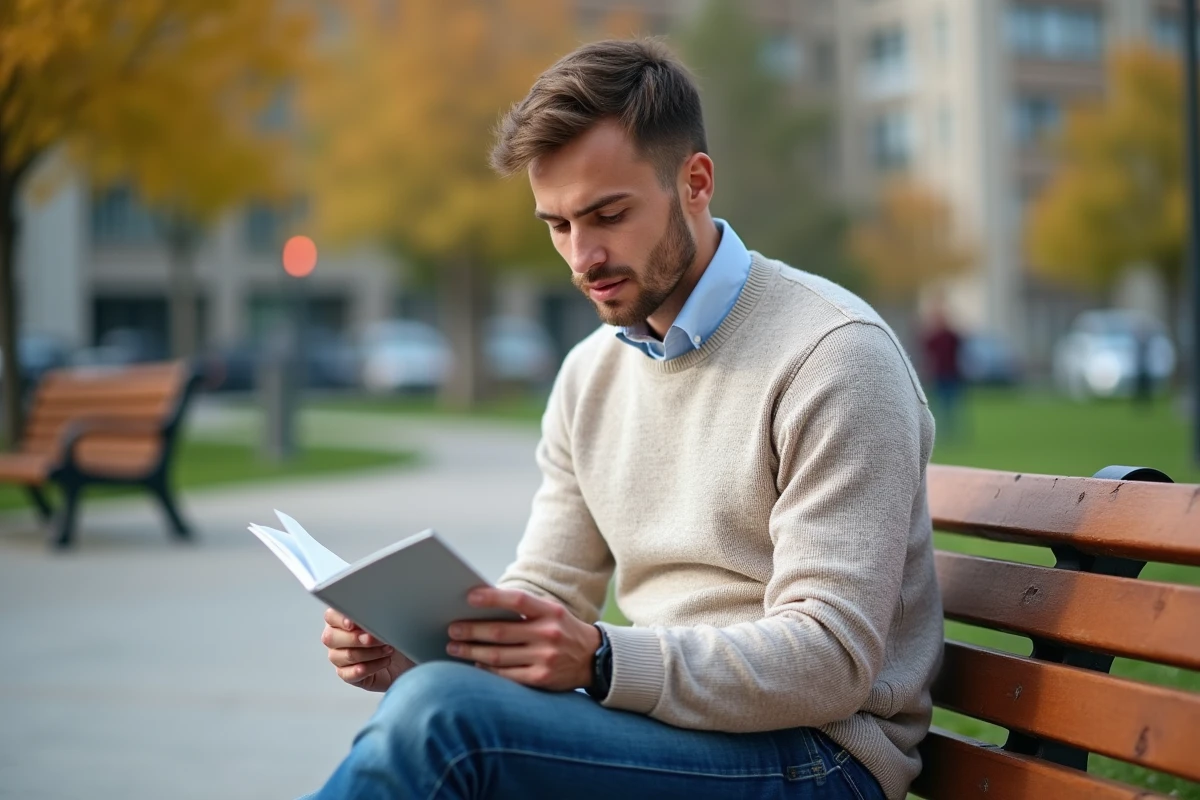 Jeune homme lisant un livret financier dans un parc