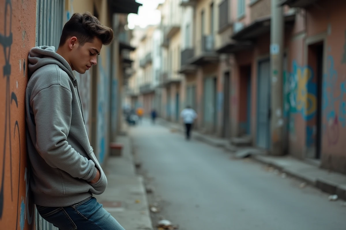 Jeune homme contre un mur graffite dans une rue abandonnée
