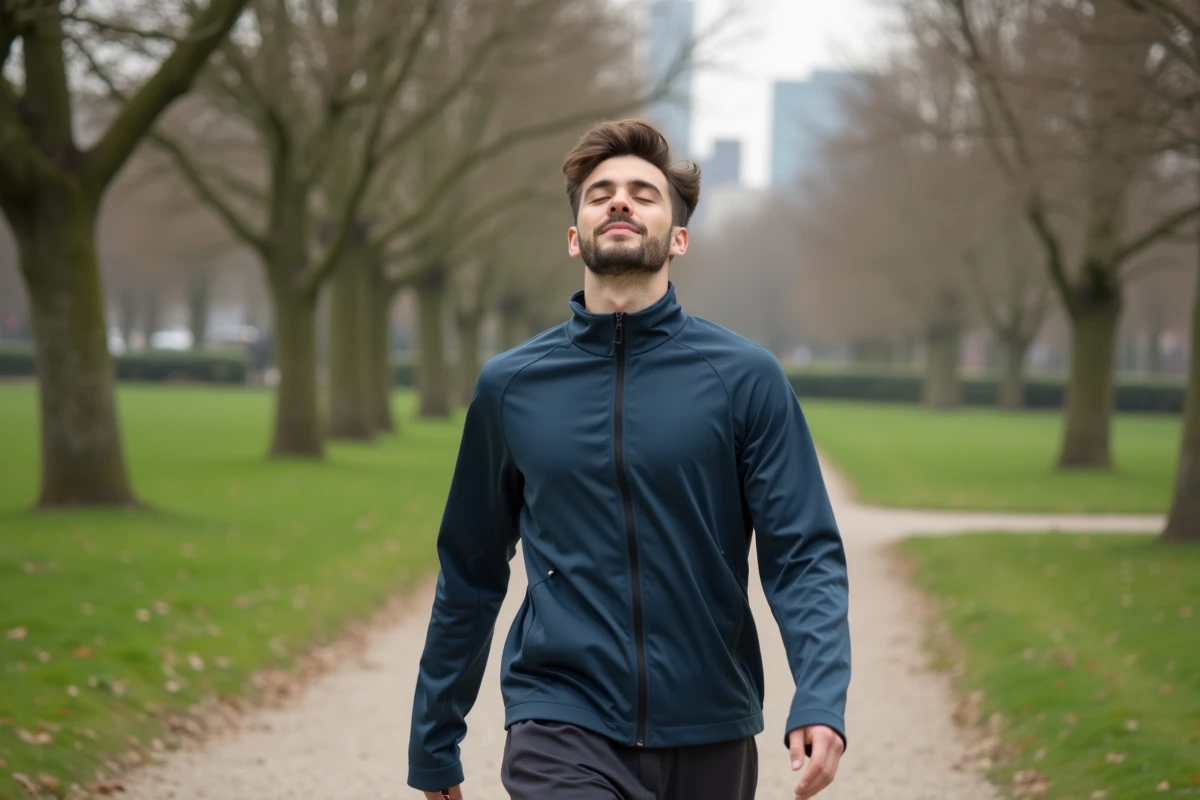 Jeune homme respirant dans un parc urbain calme