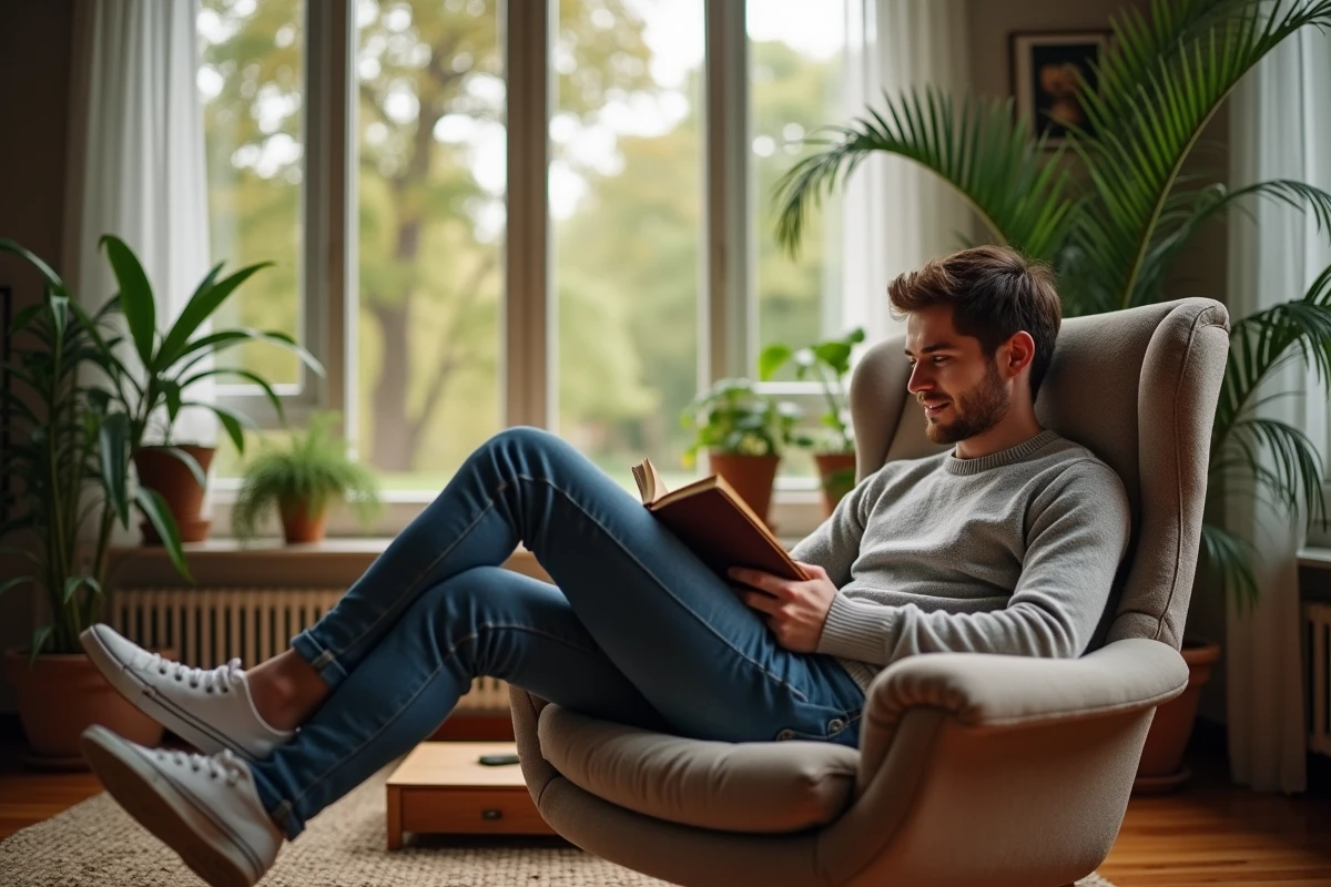 Jeune homme détendu lisant dans un salon cosy